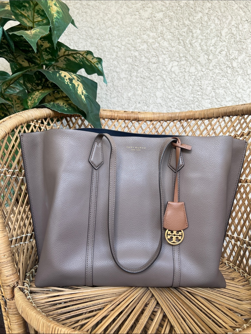 Tory Burch Taupe Pebbled Leather Tote with Tan Tag